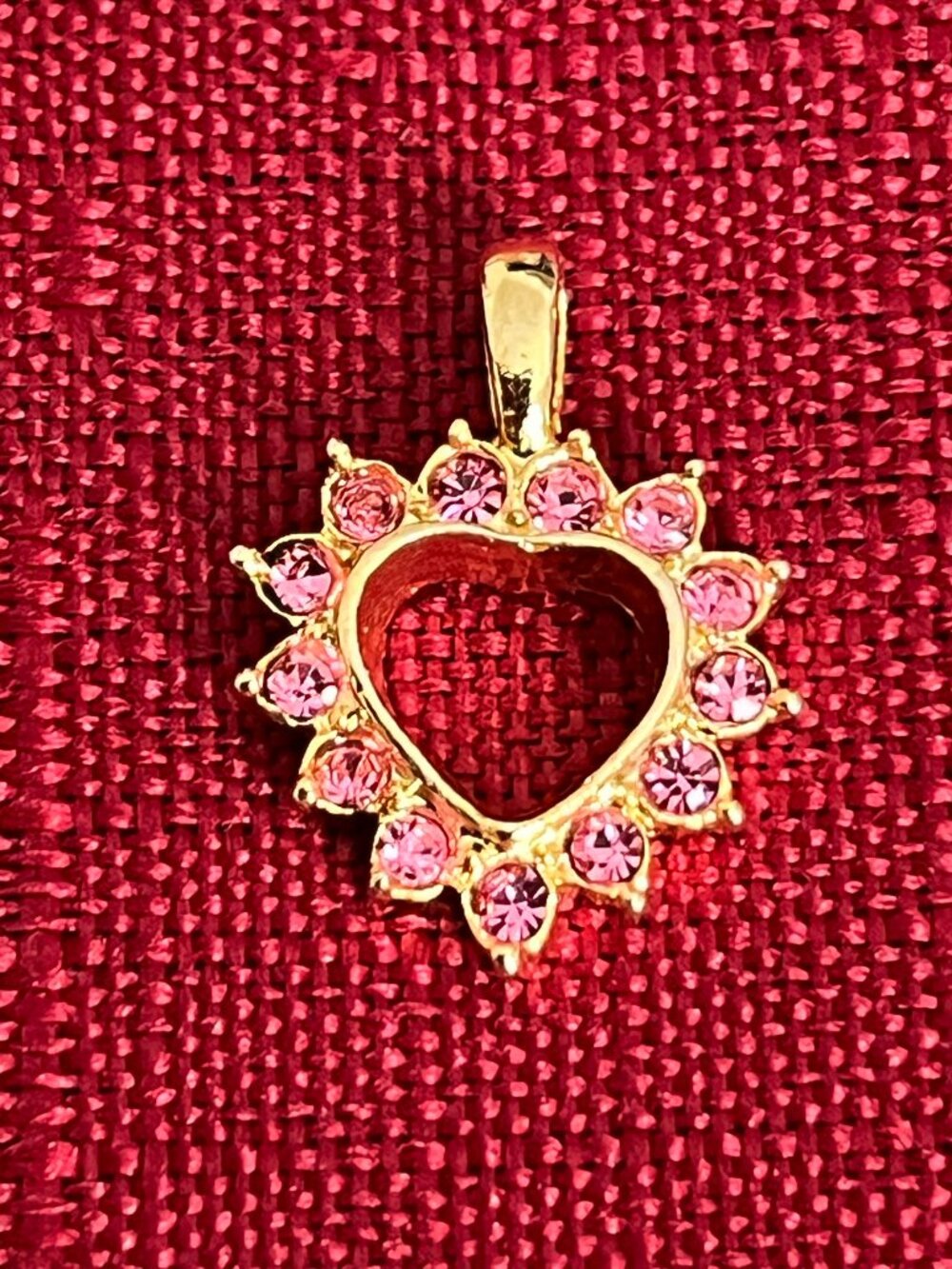 Vintage 13 Pink Rhinestone Yellow Gold Plated Heart Pendant